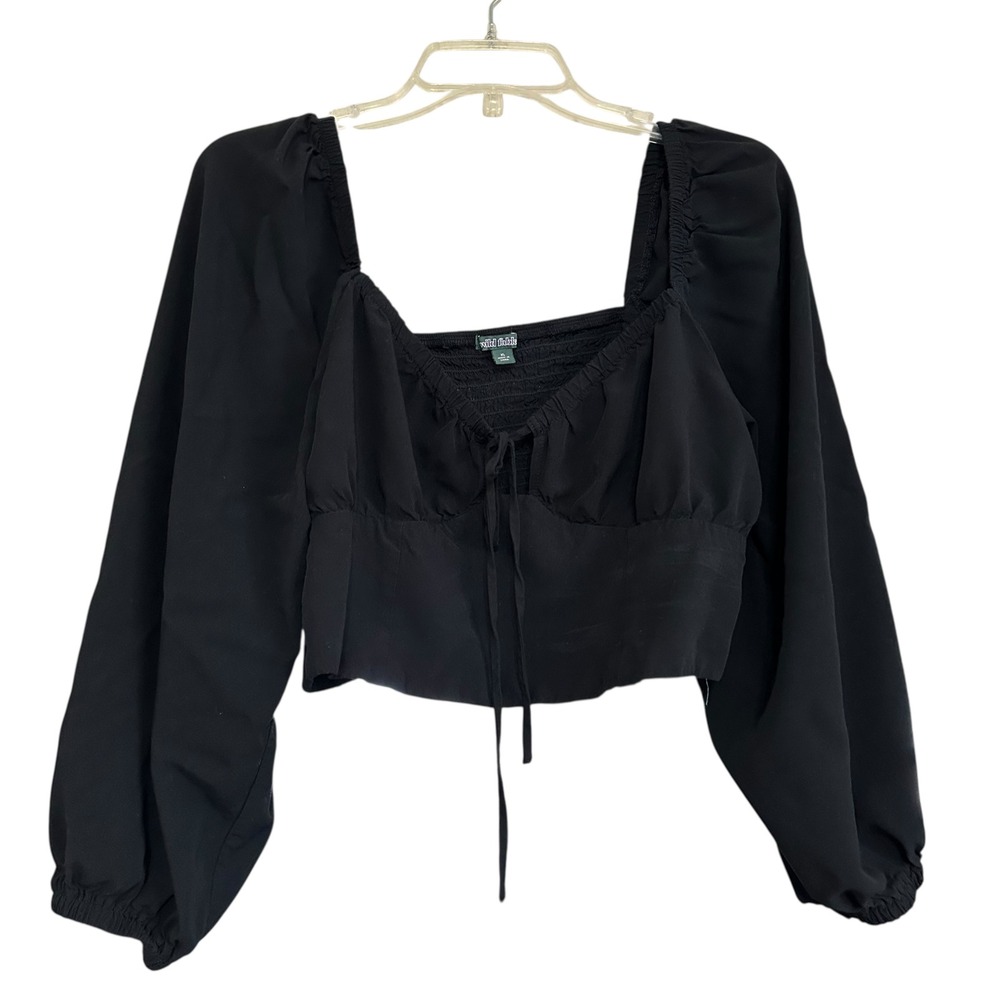 Wild Fable Black‎ Smocked Baby Doll Tie Front Cropped Top XL Whimsigoth Fairy